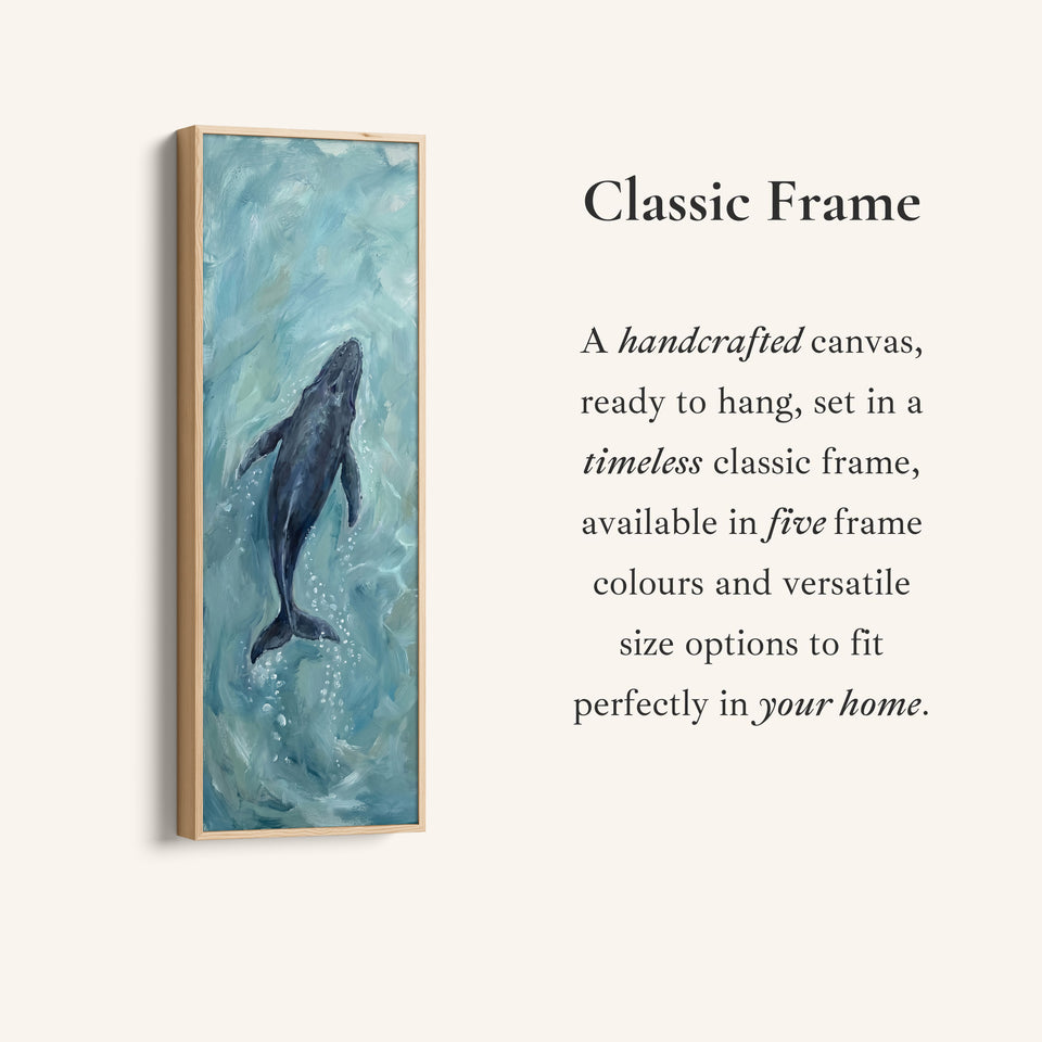 Corner detail of the Deep Blue Ocean Diving Whale Long Narrow Wall Art for Bedroom canvas in a classic frame