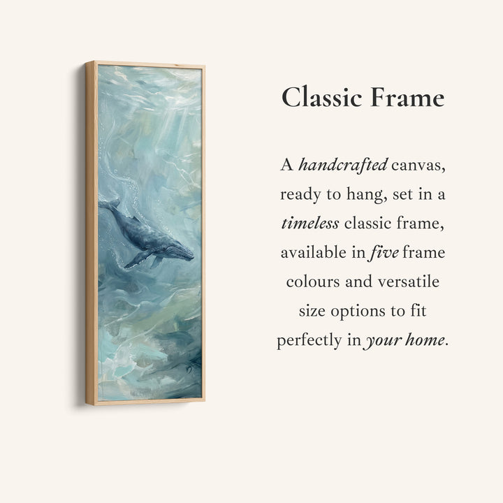 Corner detail of the Office Wall Art Vertical Whale Swimming in Blue Green Water canvas in a classic frame