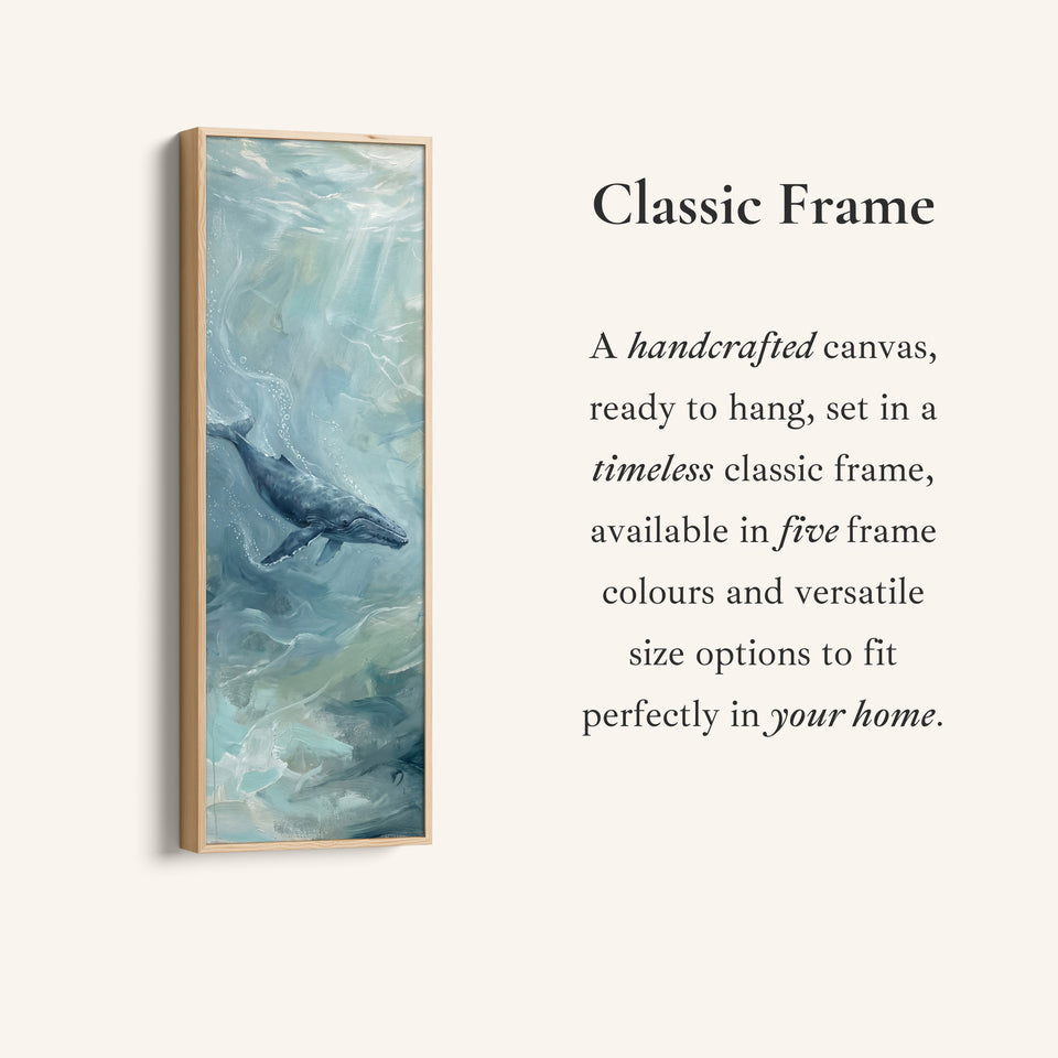 Corner detail of the Office Wall Art Vertical Whale Swimming in Blue Green Water canvas in a classic frame
