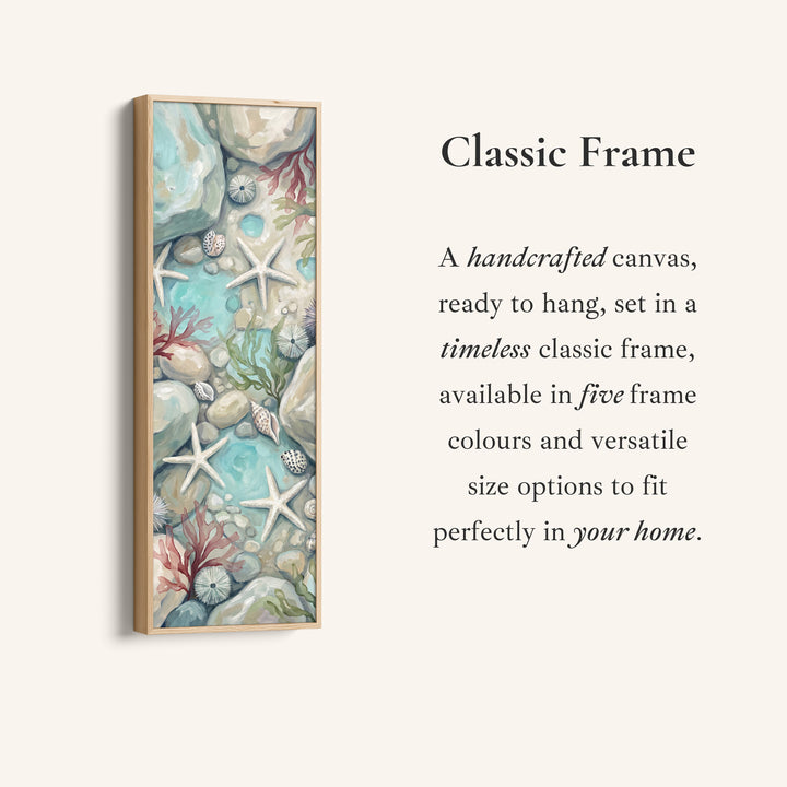 Corner detail of the Tall Narrow Wall Art Rock Pool with Starfish and Shells for Hallway canvas in a classic frame