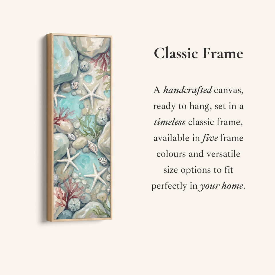Corner detail of the Tall Narrow Wall Art Rock Pool with Starfish and Shells for Hallway canvas in a classic frame