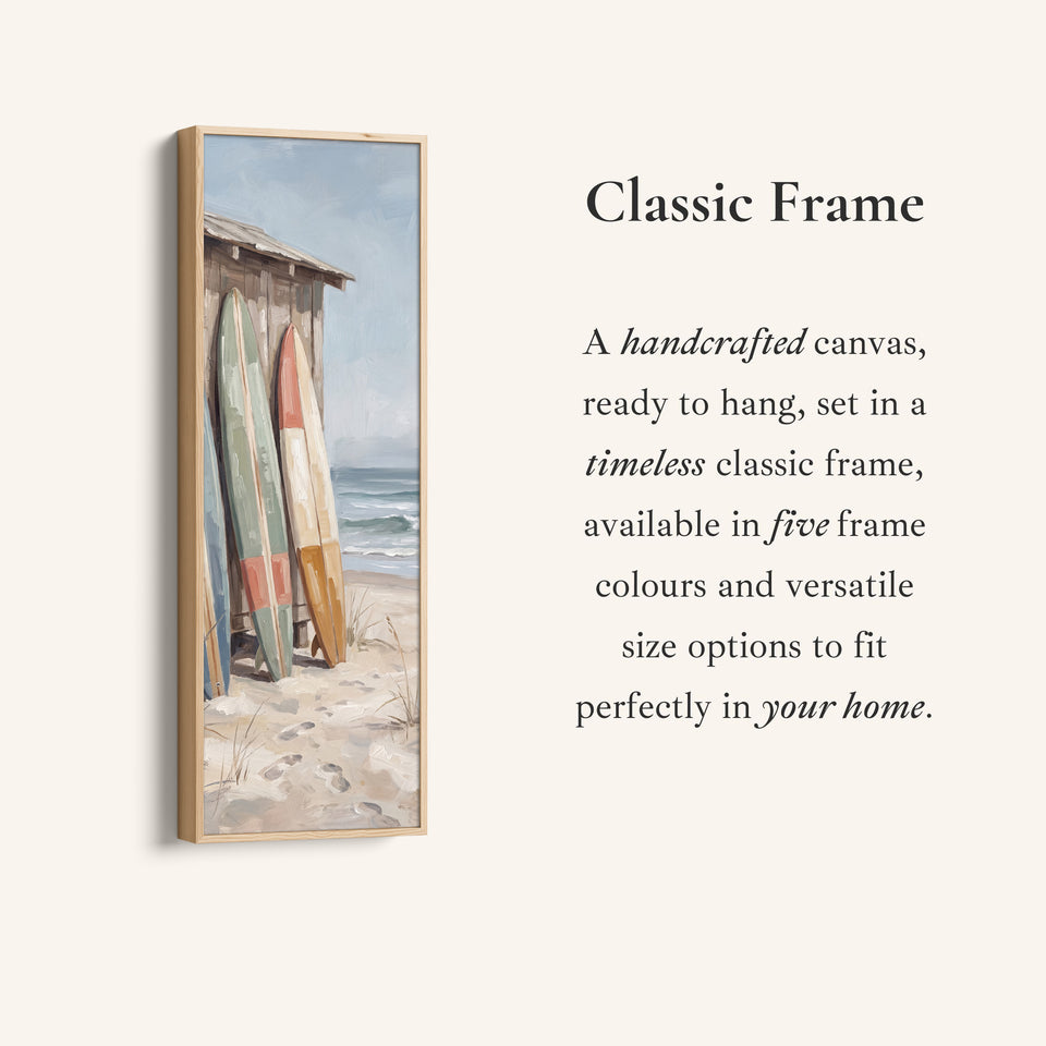 Corner detail of the Surfboards by the Beach Shack Vertical Wall Art for Hallway canvas in a classic frame