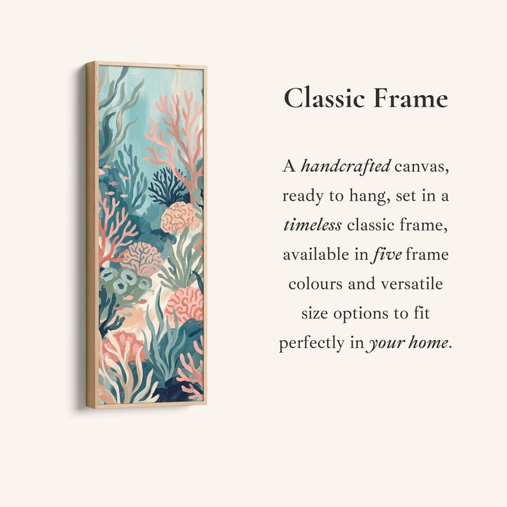 Corner detail of the Colourful Underwater Coral Reef Tall Wall Art for Kids Room canvas in a classic frame