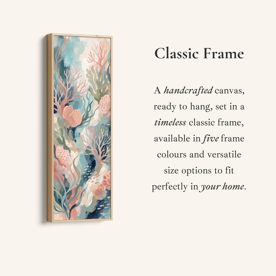 Corner detail of the Bedroom Wall Art Tall Narrow Pastel Coral Reef Canvas canvas in a classic frame