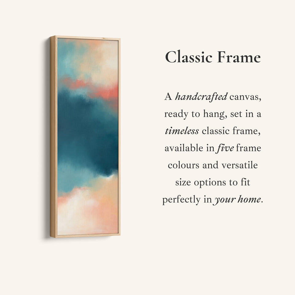 Corner detail of the Teal Sky Colour Field Tall Wall Art for Living Room canvas in a classic frame