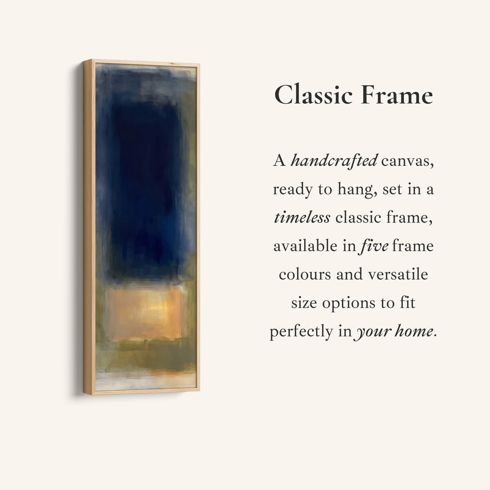 Corner detail of the Moody Navy and Gold Colour Field Tall Narrow Wall Art for Office canvas in a classic frame