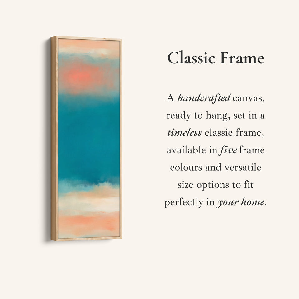 Corner detail of the Hallway Wall Art Vertical Teal Sea Abstract with Peach Horizon canvas in a classic frame