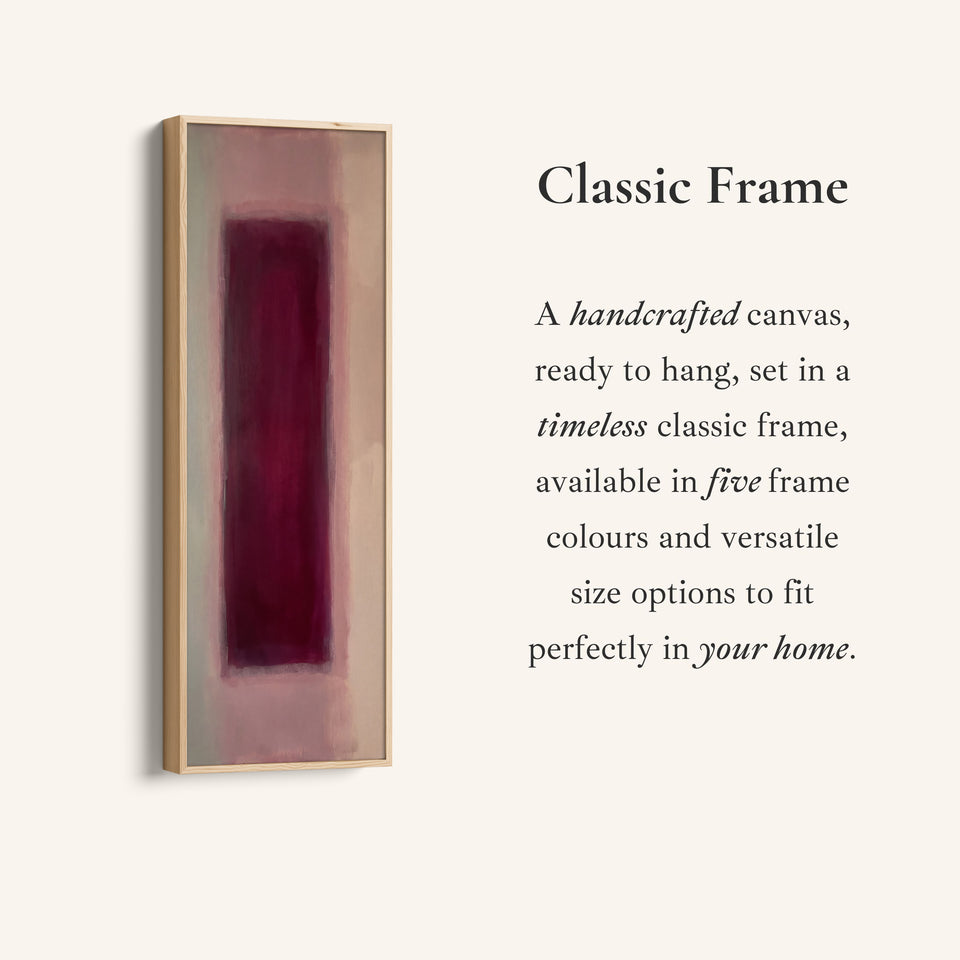 Corner detail of the Tall Wall Art Burgundy Colour Field Abstract for Dining Room canvas in a classic frame