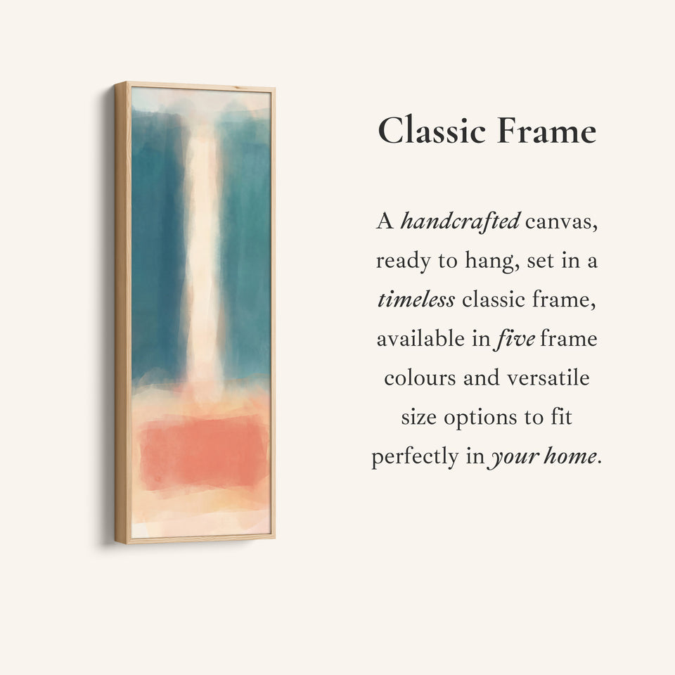 Corner detail of the Teal and Peach Abstract Tall Narrow Wall Art for Bedroom canvas in a classic frame