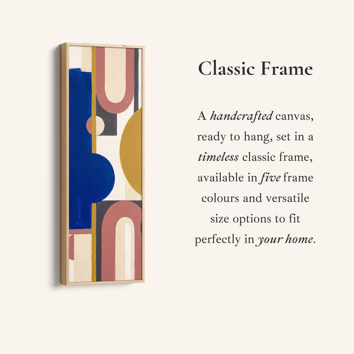 Corner detail of the Bold Bauhaus Arches Vertical Wall Art in Cobalt Blue for Living Room canvas in a classic frame