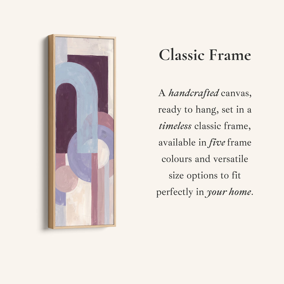 Corner detail of the Bedroom Wall Art Tall Bauhaus Arches in Lilac and Plum canvas in a classic frame