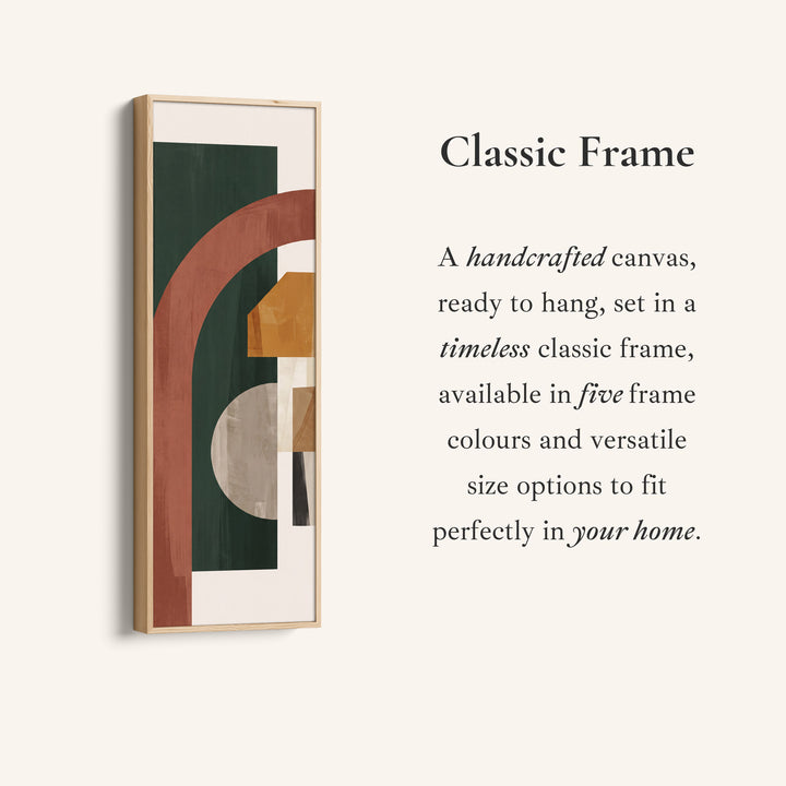 Corner detail of the Long Narrow Wall Art Rust Arch on Forest Green Bauhaus for Office canvas in a classic frame