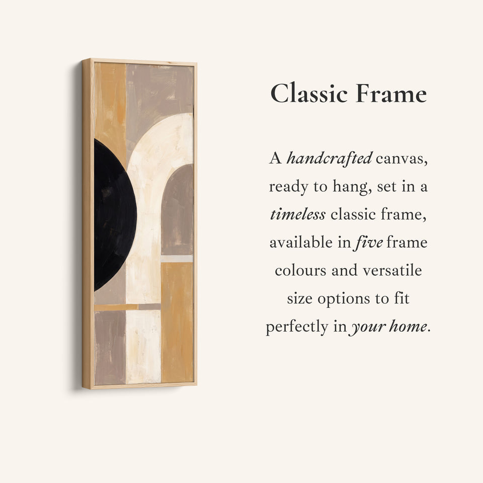 Corner detail of the Neutral Bauhaus Arches Tall Narrow Wall Art for Hallway canvas in a classic frame
