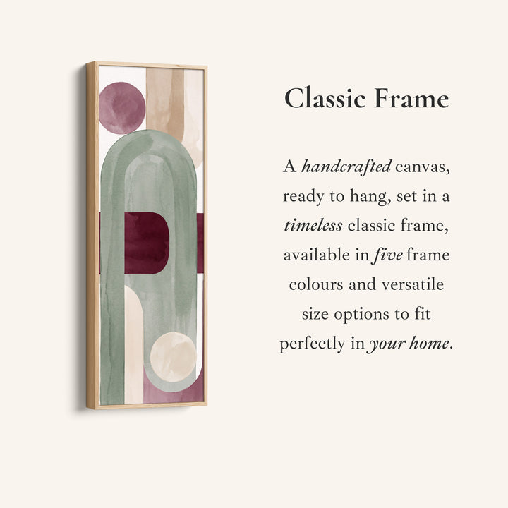 Corner detail of the Soft Modern Sage Arch Vertical Wall Art with Burgundy Accent for Living Room canvas in a classic frame