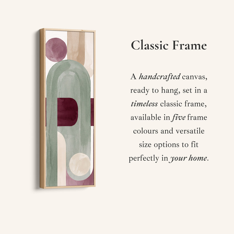 Corner detail of the Soft Modern Sage Arch Vertical Wall Art with Burgundy Accent for Living Room canvas in a classic frame