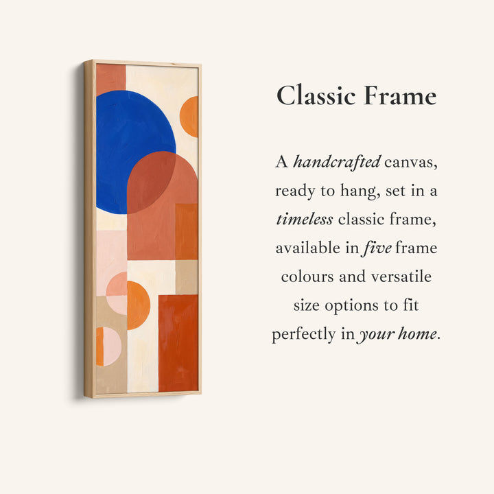 Corner detail of the Kitchen Wall Art Tall Bauhaus Shapes in Cobalt and Orange canvas in a classic frame