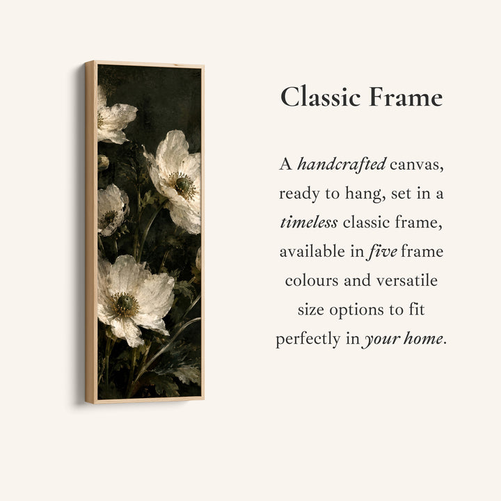 Corner detail of the Tall Narrow Wall Art White Anemones Vintage Still Life for Dining Room canvas in a classic frame