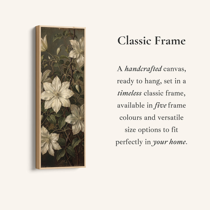 Corner detail of the White Clematis on Dark Vertical Wall Art Vintage Botanical for Living Room canvas in a classic frame