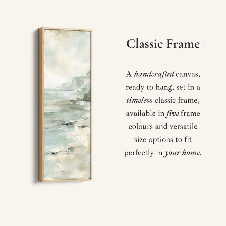 Corner detail of the Calm Coastal Cliffs and Sea Tall Wall Art for Bedroom canvas in a classic frame