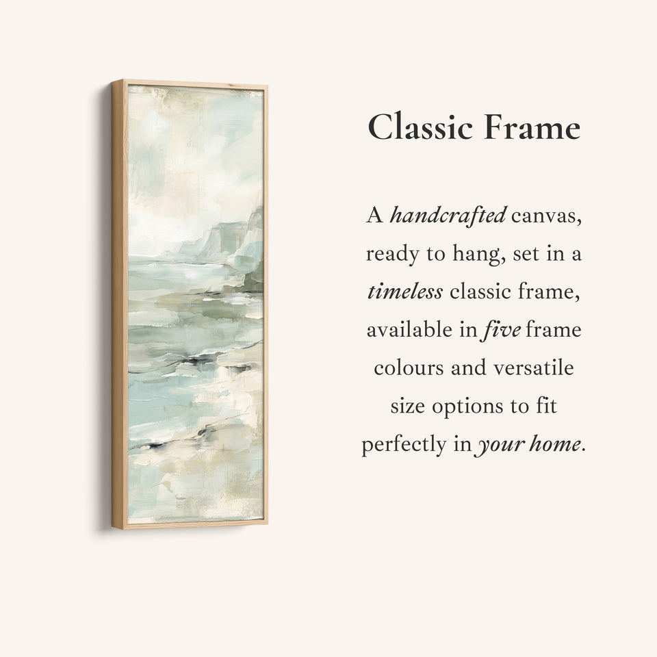Corner detail of the Calm Coastal Cliffs and Sea Tall Wall Art for Bedroom canvas in a classic frame