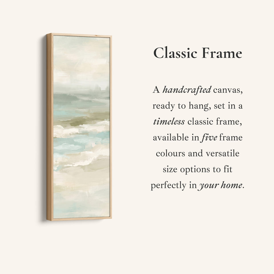 Corner detail of the Hallway Wall Art Tall Narrow Misty Seascape in Sage and Sand canvas in a classic frame