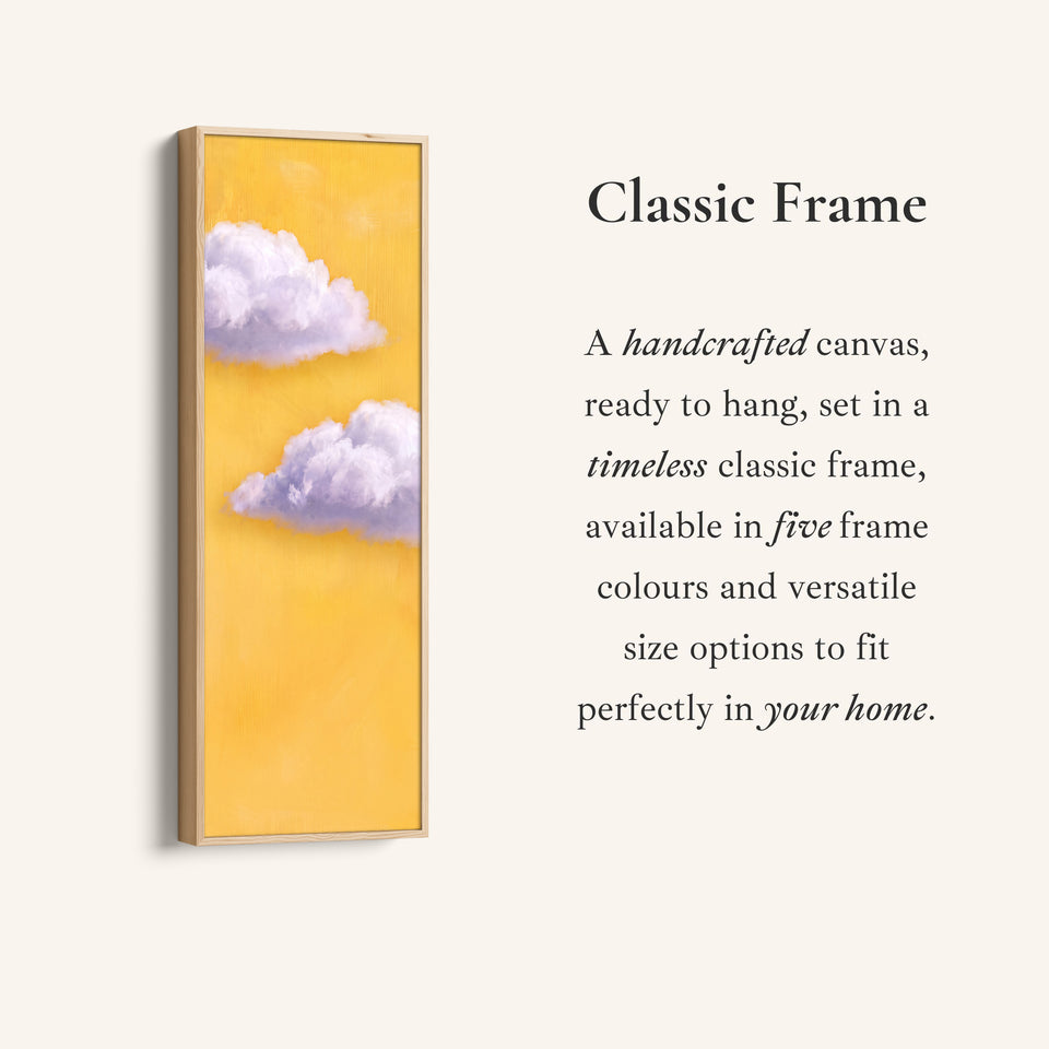 Corner detail of the Vertical Wall Art Lilac Clouds on Yellow for Kids Room canvas in a classic frame