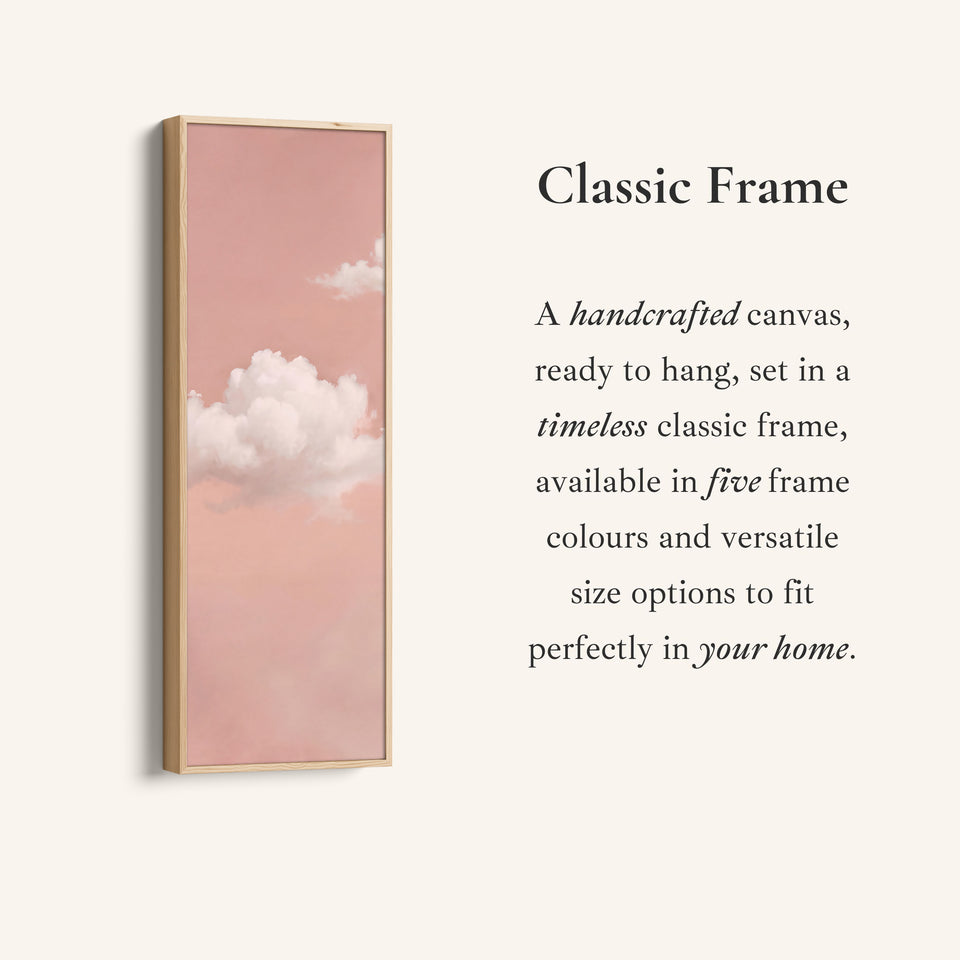 Corner detail of the Clouds on Blush Pink Tall Wall Art for Bedroom canvas in a classic frame
