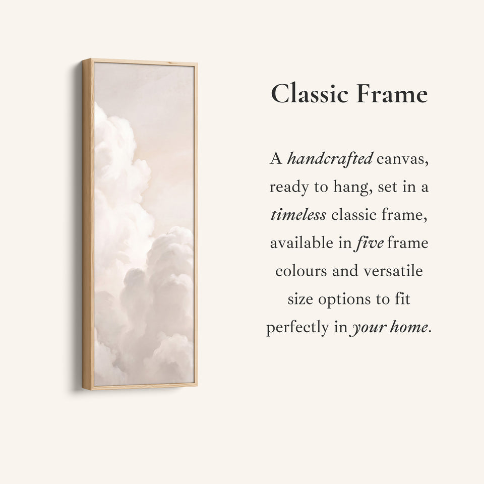 Corner detail of the Soft Neutral Billowing White Clouds Tall Narrow Wall Art for Living Room canvas in a classic frame
