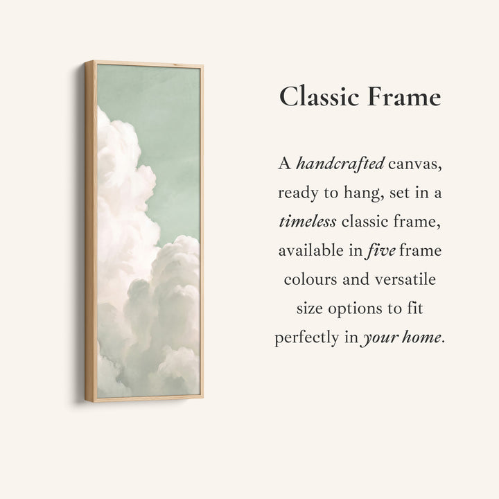 Corner detail of the Bedroom Wall Art Vertical White Clouds on a Mint Sky canvas in a classic frame