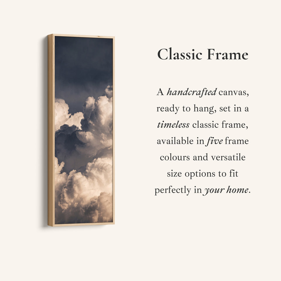 Corner detail of the Dramatic Storm Clouds at Dusk Vertical Wall Art for Hallway canvas in a classic frame
