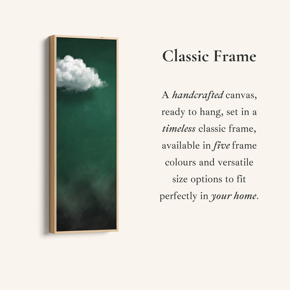 Corner detail of the Living Room Wall Art Tall White Cloud on Emerald Green canvas in a classic frame