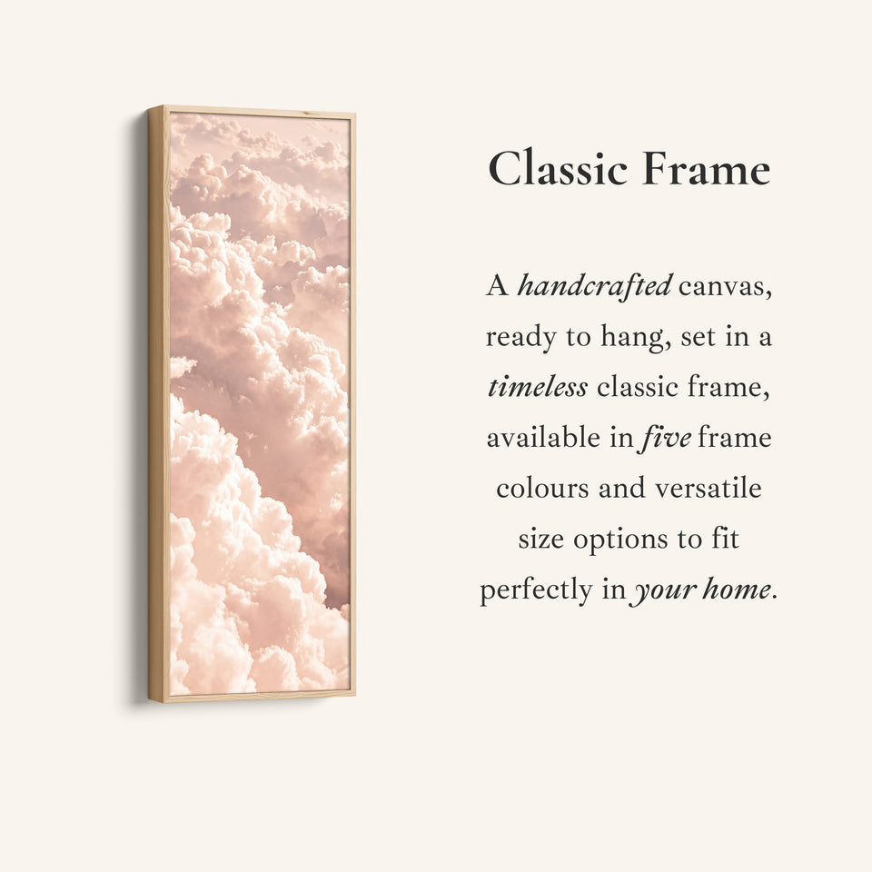 Corner detail of the Long Narrow Wall Art Blush Pink Cloudscape for Bedroom canvas in a classic frame