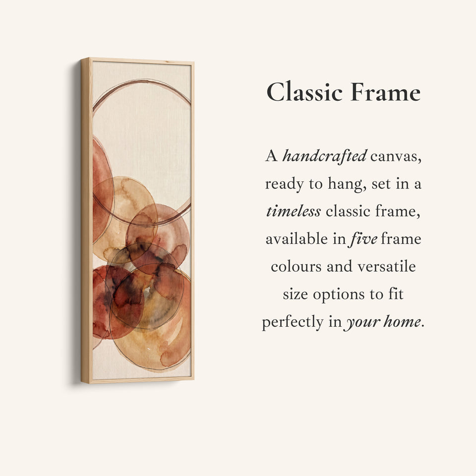 Corner detail of the Warm Earthy Watercolor Circles Tall Narrow Wall Art for Living Room canvas in a classic frame