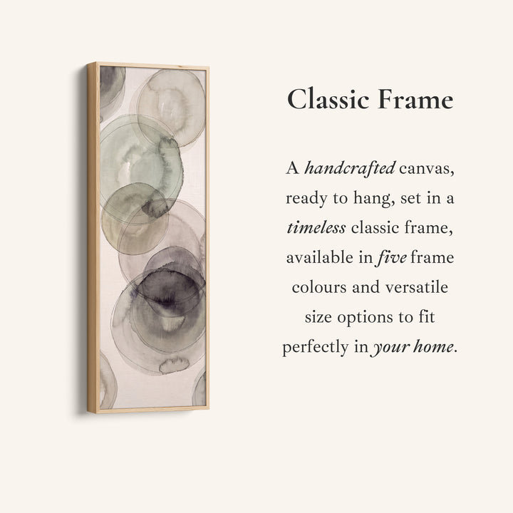 Corner detail of the Office Wall Art Vertical Grey Watercolor Circles Abstract canvas in a classic frame