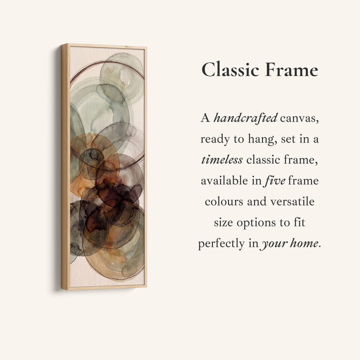 Corner detail of the Tall Wall Art Rust and Sage Watercolor Circles Abstract for Dining Room canvas in a classic frame