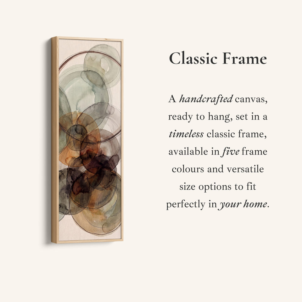 Corner detail of the Tall Wall Art Rust and Sage Watercolor Circles Abstract for Dining Room canvas in a classic frame
