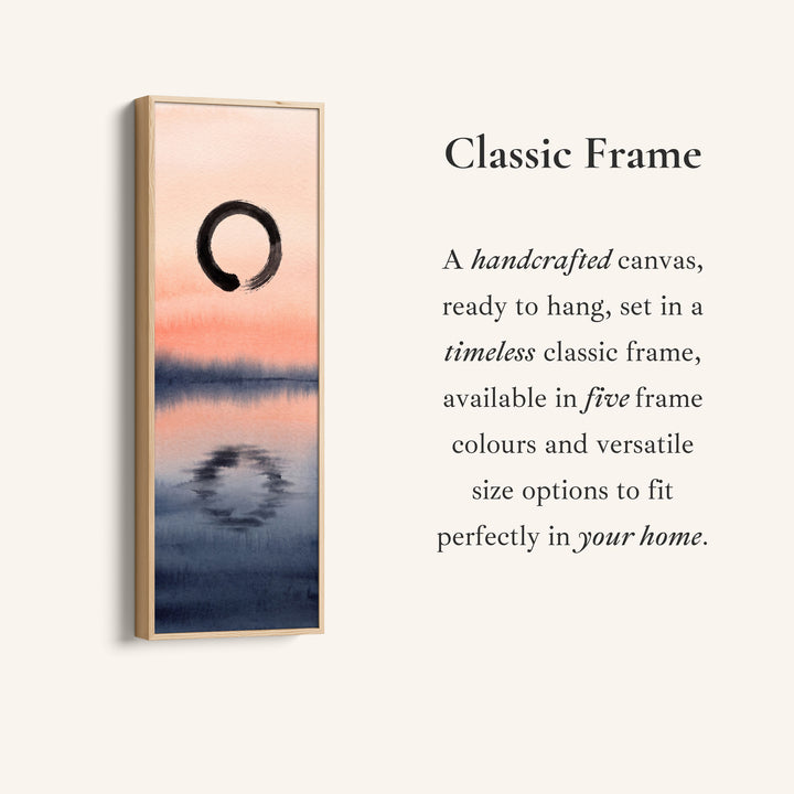 Corner detail of the Enso Circle Over a Sunset Lake Tall Narrow Wall Art Japanese Style canvas in a classic frame