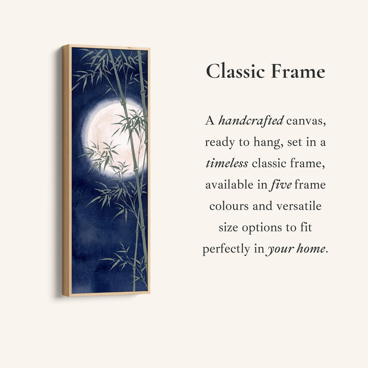 Corner detail of the Peaceful Japanese Bamboo and Full Moon Vertical Wall Art for Bedroom canvas in a classic frame