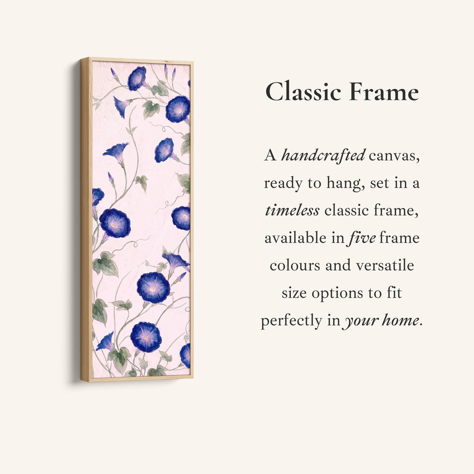 Corner detail of the Living Room Wall Art Tall Narrow Blue Morning Glory Vines canvas in a classic frame