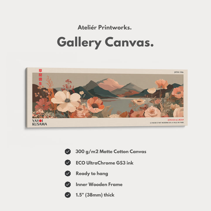 Yayoi Kusama Floral Landscape – Long Narrow Framed Canvas - Japanese Flower & Mountain Wall Art