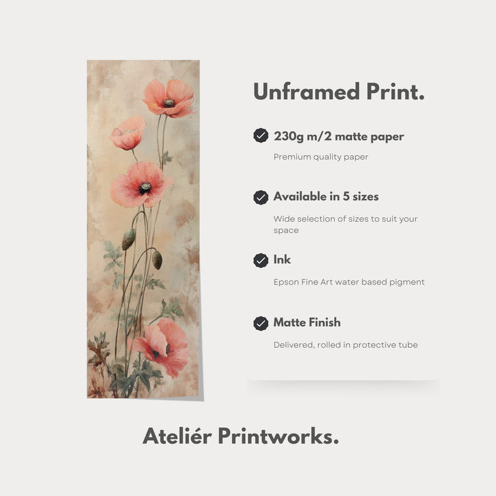 Vertical Long Wall Art Vintage Poppies Large Canvas Decor - V0077