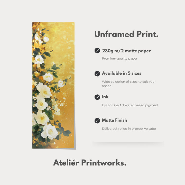 Vertical White & Gold Floral Long Framed Canvas Decor - V0204