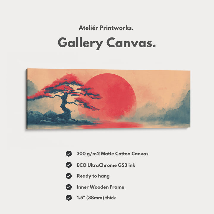 Bonsai Tree with Red Sun – Long Narrow Japanese Landscape Canvas - Japandi Wall Art