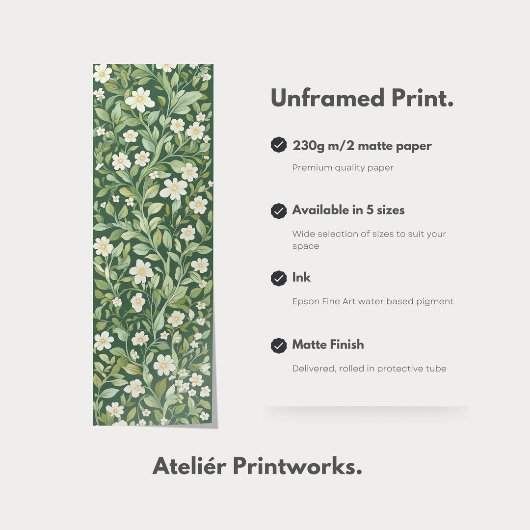 Framed Canvas Narrow Vertical White & Green Floral - V0239