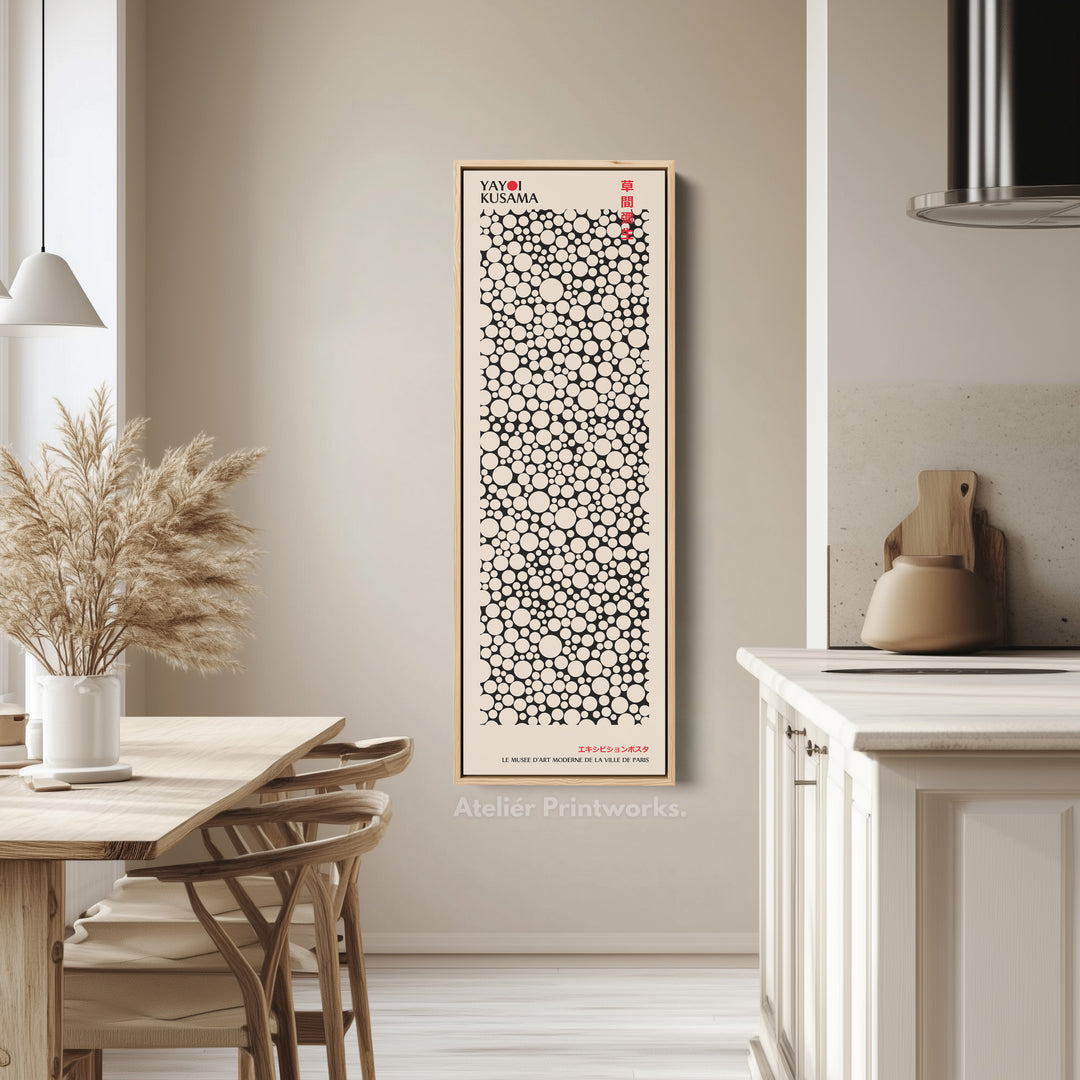 Yayoi Kusama Style Long Framed Canvas – Large Vertical Japanese Abstract Wall Art, Japandi Style, Japanese Poster Print