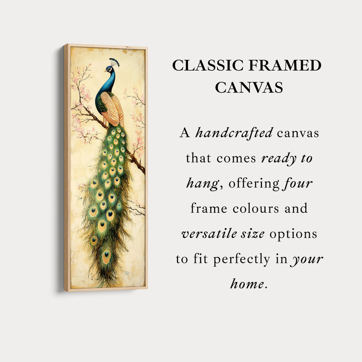 Grand tableau sur toile représentant un paon, encadré, décoration murale verticale.