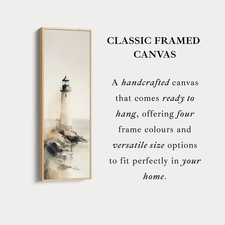 Grand tableau sur toile représentant un phare côtier, décor mural vertical, encadré.