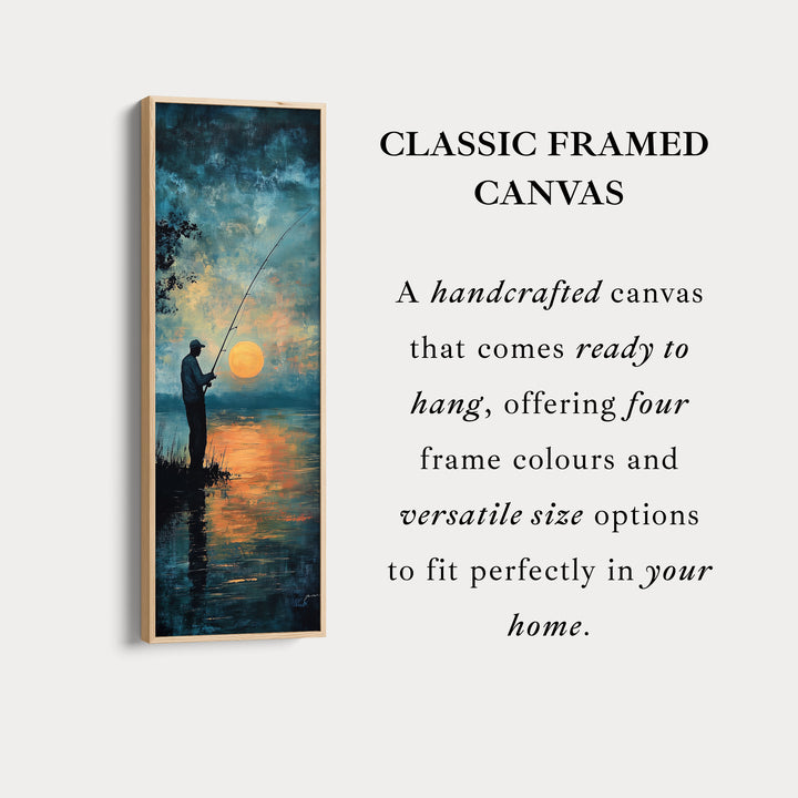 Grande toile murale verticale et étroite représentant un coucher de soleil et un pêcheur.