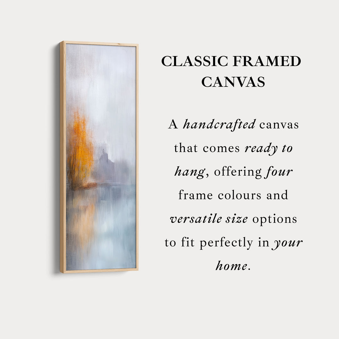 Décoration murale sur toile verticale abstraite grise et orange encadrée.