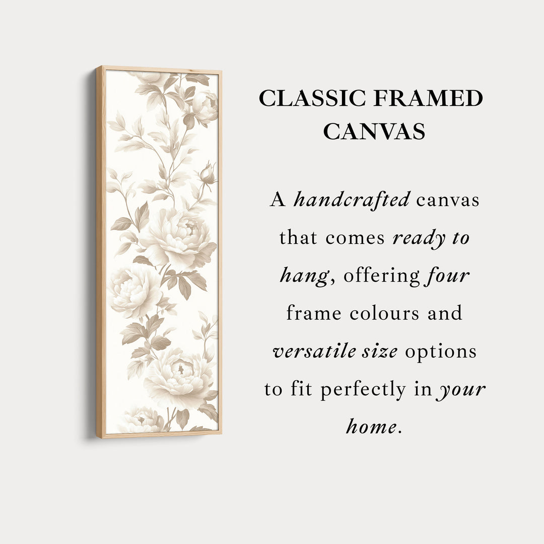 Décoration murale longue toile encadrée avec pivoines beiges verticales florales